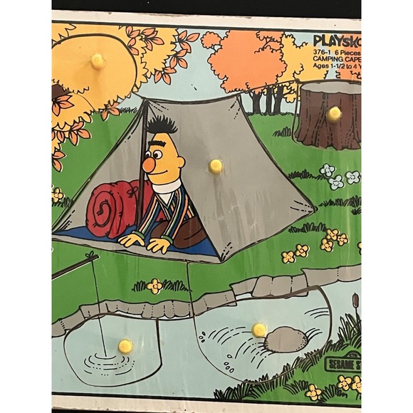 Vintage‎ Sesame Street Wooden Puzzle Playskool 1989 Ernie Burt Camping - Picture 3 of 4